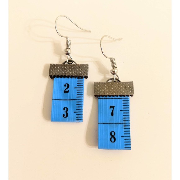 unique blue measuring measurement tape dangle hook earrings made in usa - Picture 1 of 1